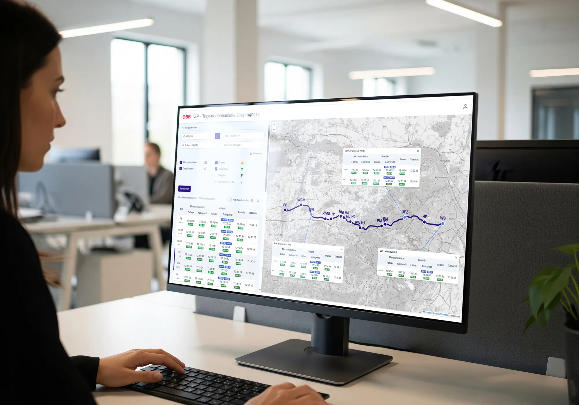 Das User-Interface der Trajektorienbasierenden Zugprognose: Prognoseergebnisse in Tabellenform und auf der Landkarte, mit Detailergebnissen für einzelne Betriebsstellen
